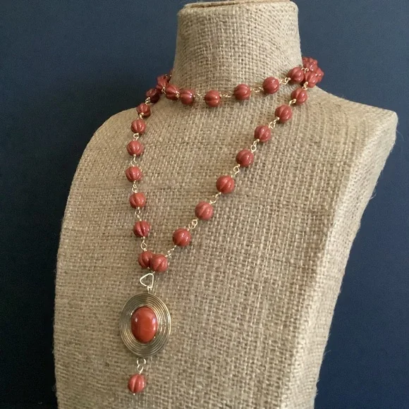 Vintage gold over sterling genuine carved jasper pendant necklace.